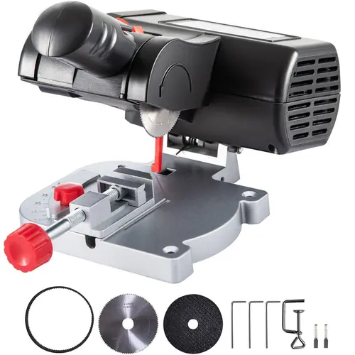 VEVOR Mini Miter Chop Saw Tool, 2x 2-5/16 in Steel & Resin Blades (1/2 in Cutting Depth), 0~45° Benchtop Wood Cutting Machine for Hobbyists with Finger-Guarding Blade Housing (Copper, Aluminum, Zinc Compatible)
