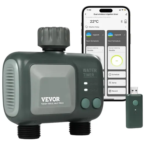 【toolupgrade】VEVOR Smart WiFi Sprinkler Timer, 2-Outlet Hose Attachment Watering Equipment with Brass Inlet, 2.4Ghz WiFi/Bluetooth APP Control, Alexa/Google Assistant Voice Control, IPX6 Rated, Rain Delay Mode, for Yard & Garden Sprinklers
