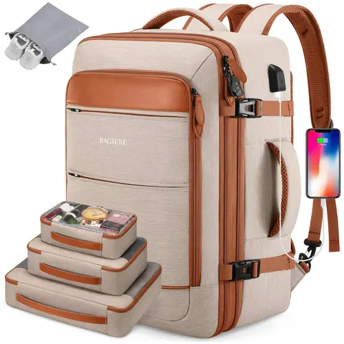 BAGSURE 42L Airline Approved Travel Backpack - Water-Resistant Polyester Luggage with Hidden Straps, 3 Packing Cubes, 17" Laptop Compartment, TSA-Friendly Personal Item for Men, Backpacks