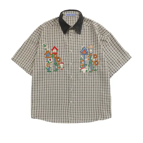 AELFRIC EDEN Men's Casual Plaid Shirt, Short Sleeve Loose Fit Streetwear Button Down with Birdhouse Embroidery and Contrast Collar, Male Clothing,back to school,back to school shopping