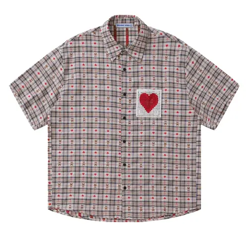 Aelfric Eden Men's Cotton Plaid Short-Sleeve Button-Down Collar Shirt - Basics, Wardrobe Staples, Brand Logo, Dropped Shoulder, Unisex Cut-Out Heart, Loose Oversized, Casual Summer Streetwear Top, Thanksgiving Fabric, Streetwear Clothing