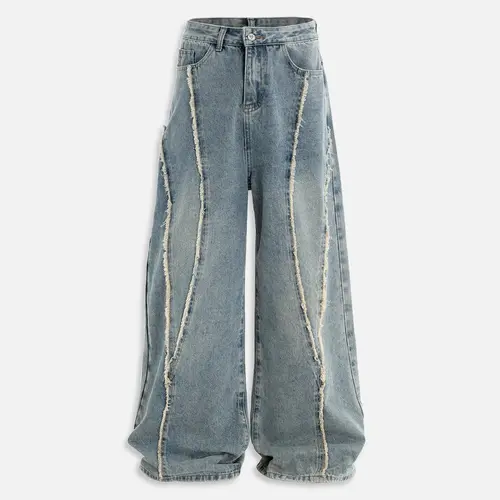 Aelfric Eden Mens Jeans Fringe Patchwork Loose Fit Jean Pants Casual Unisex Wide Leg Y2k Vintage Denim Pant Streetwear