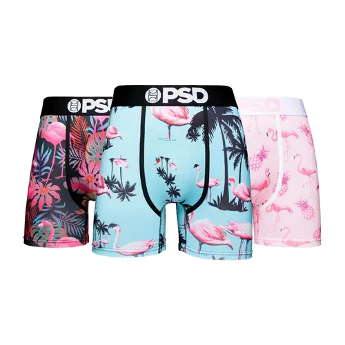 PSD Mens Flamingo Jungle Boxer Brief 3 Pack - Mid Length 5 Inch Inseam, Moisture-Wicking 4-Way Stretch Fabric