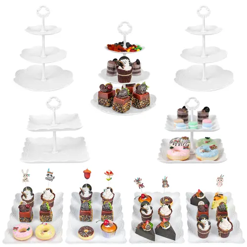 9Pcs Lightweight Rectangle Plastic Cupcake Stand Set - 3-Tier, 2-Tier Designs, Decorations Supplies, Dessert Tower for Wedding, Home Supplies Organizer Holding 0-5kg Cookies, Candies, Cupcake Tower