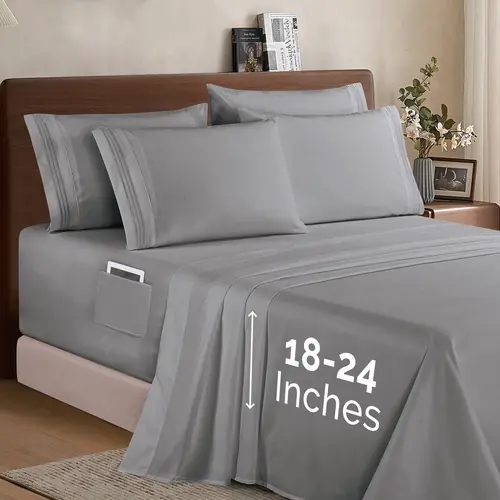 Elegant Comfort 6-Piece Extra Deep Pocket Sheet Set 18-24in with 3-Line Embroidery – Premium Microfiber Bedding, Moody Shades