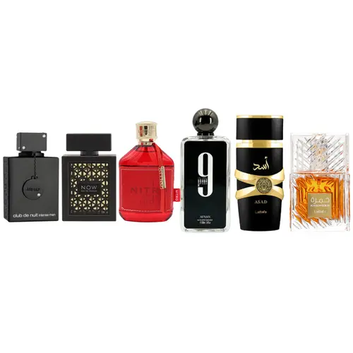 Sterling Parfums Arabian Fragrance Set for Adults - 4-Pack Boxed Fragrances: Armaf Intense EDT 3.6oz, Lattafa Rave Asad Khamrah EDP 3.4oz, Nitro Red Afnan 9 PM EDP, Aromatic Woody Citrus Ginger Scent