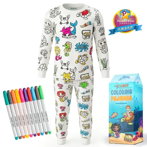 Craftikit Kids Coloring Pajama Set - 3T-10Y Child/Toddler Sleepwear, Soft Breathable, 10 Markers for DIY Birthdays Gift, Graphic Design