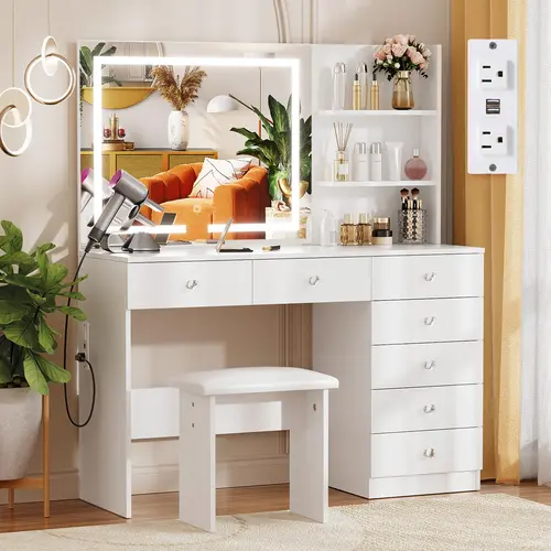 VOWNER Vanity with Lighted Mirror - 47" Makeup Vanity Desk with 7 Drawers, 3 Storage Shelves and Outlet, 3 Color Lighting Modes with Adjustable Brightness, Makeup Desk with Stool for Bedroom, White