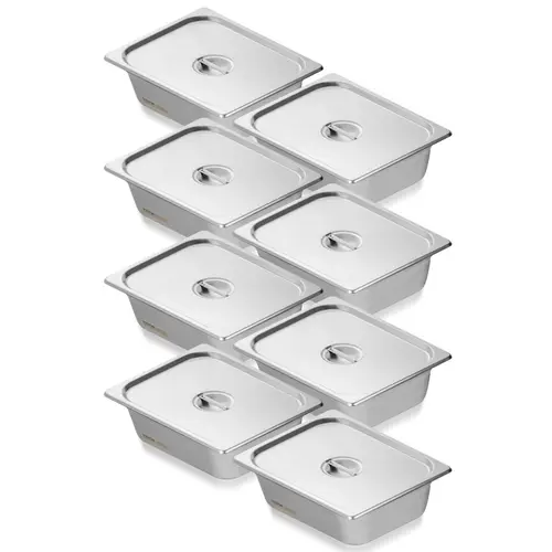 【toolupgrade】VEVOR 8 Pack 1/2 Size Anti-Jam Stainless Steel Cookware, 4-in Deep Heat Resistant Steam Table Pan with Lid, 0.8mm Thick Smooth Edges, Commercial Catering Food Storage for Industrial Kitchens