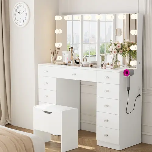 VOWNER Vanity with 10×Magnifying Mirror, With Glass Top&Power Outlet, 3 Color Light Options, 43" Vanity Table with 11 Drawers&Stool, Bedroom, White