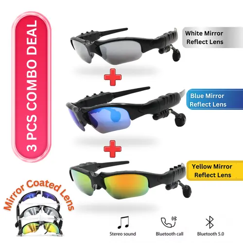 Foldable Bluetooth Sport Smart Glasses - 3 Color Lenses (Blue,Yellow,White), Adjustable Wearable Design, Chargeable Wireless Intelligent Glasses with Hands-Free Phone Call, Music Support for Hiking, Modern Style