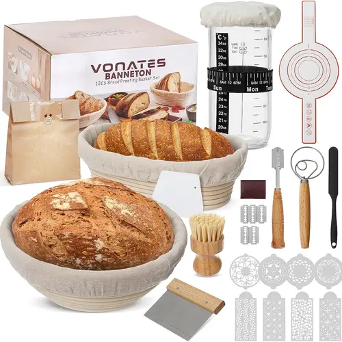12-Piece Sourdough Baking Supplies Kit - Plastic & Silicone Utensils, 40oz Glass Starter Jar, Banneton Bread Proofing Basket, Bakeware Set for Home Bread Making