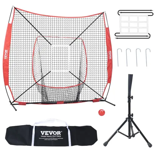 【toolupgrade】VEVOR Adjustable Baseball Softball Practice Net, 7x7 ft Bow Frame Backstop Equipment with 600D Oxford Carry Bag, Strike Zone, Ball, 27.6–42.1" Batting Tee, Carbon Steel Base, Portable for Hitting Catching