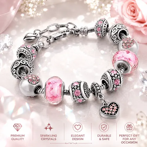 ARPURRAINA Women's Pink Heart-Shaped Pendant Bracelet Set, Exquisite Jewelry Accessory with Delicate Beads, Dazzling Pendant & Adjustable Serpentine Chain, Trendy Stacks for Valentine’s Day Love Bracelet Gifts