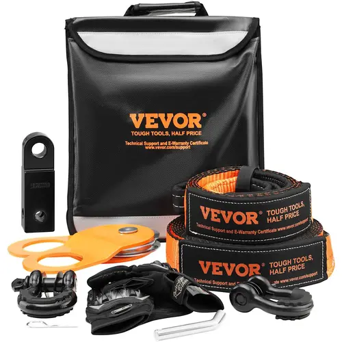 【BackToSchool】VEVOR Heavy-Duty Car & Automotive Tool Kit, Off-Road Recovery Set with 3"x30ft 30000lbs Strength Poly Tow Rope, 44092lbs D-Ring Straps, Rust-Resistant Shackles, Snatch Block Pulley, Grip Gloves, Storage Bag, Universal for Jeeps/Trucks (Fathe