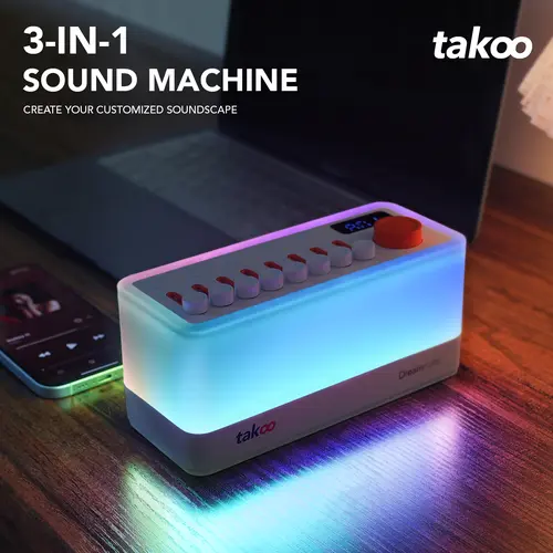 TAKOO 3-in-1 Multifunctional Speaker, Baby White Noise Machine with Night Light, 8 DIY Mixable Nature Sounds, Brown/Green/Pink Noise, 11 Ambient Lights, 180-Min Timer with Auto Shut-Off, Rechargeable & Plug-In, Bluetooth Sleep Aid for Nursery Newborns