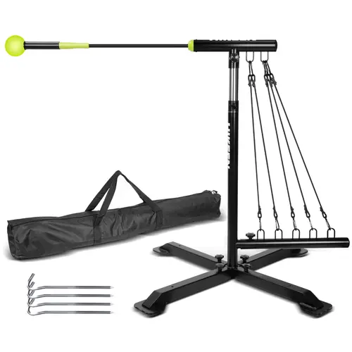 Hikeen Baseball Swing Trainer - Sporty Baseball Training Equipment, Softball Training Aid for Swing Practice, Batting and Hitting Practice, Adjustable Height, 5-Tier Resistance, Ground Anchors, Carry Bag, Multi-Band Set