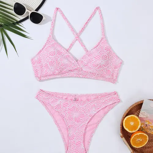 Two-Piece Set Women's Floral Print Criss Cross Tie Back Bikini Set, Stylish Bikini Set, Chic Sleeveless Spaghetti Strap Swim Top & Swim Thong Swimsuit Set, Ladies Swimwear for Beach Holiday Vacation, Bikini Bottom Set, Bikinis Sets