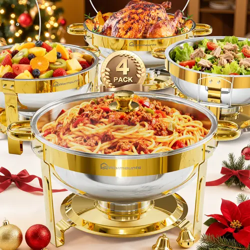 [sohochic] WARMOUNTS 5QT Gold Round Stainless Steel Chafing Dishes Kitchenware Set - Bakeware with Glass Lid, Lid Holder, Rolled Edges, Heat Retention, Stacks to Save Space for Parties, Food Serving (2/4Pack), Modern