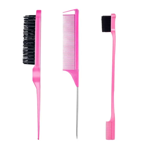 3 Count Comb Set for Teasing Edge and Back Brushing Rat Tail and Edge Combs Hair Stick for Styling Women's Haircare Smooth Heatless (Pink), Comb Design, Hair Products