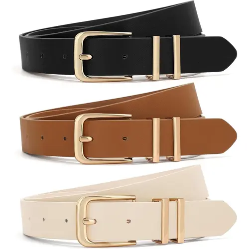 3 Pack Women Belts Ladies Leather Waist Belt For Jeans Dresses Pants  with Gold Buckle, Waist Accessories, Fashion Belt, Casual Dress Belt, Western Style Belt