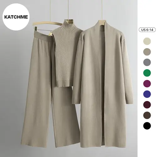Katch Me Chic(US/CN)Women's Casual Three-Piece Set Solid Turtle Neck Tank Top & Wide Leg Trousers & Open Front Long Cardigan Set, Women Clothes for Fall & Winter