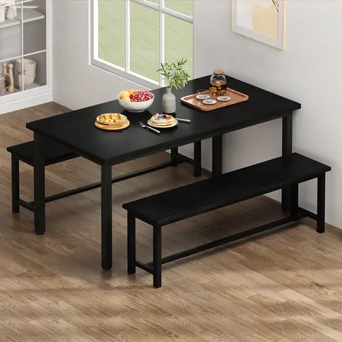 Recaceik Modern Rectangular Dining Table Set (4-Piece with 2 Benches) - Compact, Small Size, Stable Nonslip Metal Frame Home Furniture, Pre-Assembled Space-Saving Indoor Set for Small Kitchens, Apartments