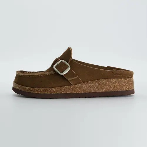 Cushionaire Hobby Leather Clogs For Women | Genuine Suede Slip On Mule Clogs With Adjustable Buckle Strap | Classic Cork Footbed Design For Everyday Indoor Outdoor Wear