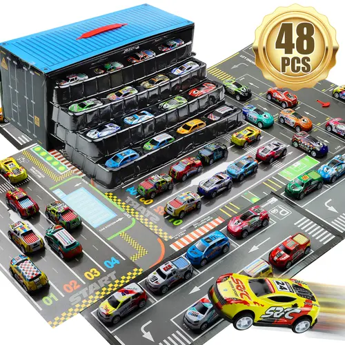 48-Pack Toy Cars, Metal Shell Mini Racing Vehicles with Portable Container Display and Fold-Out City Parking Mat for Kids Ages 3+
