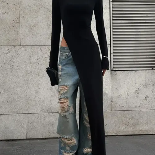 Women's Plain Basic Minimalist Asymmetrical Split Hem Longline Top, Elegant Casual Slim Fit Fitted Long Sleeve Top for Spring & Fall, Women's Clothing for Daily Wear, Womenswear