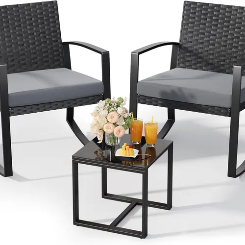 GIZOON 3 Pieces Patio Furniture Set Rocking Bistro Set Outdoor Rattan Conversation with Coffee Table for Garden Balcony Backyard Poolside (Grey Cushion)