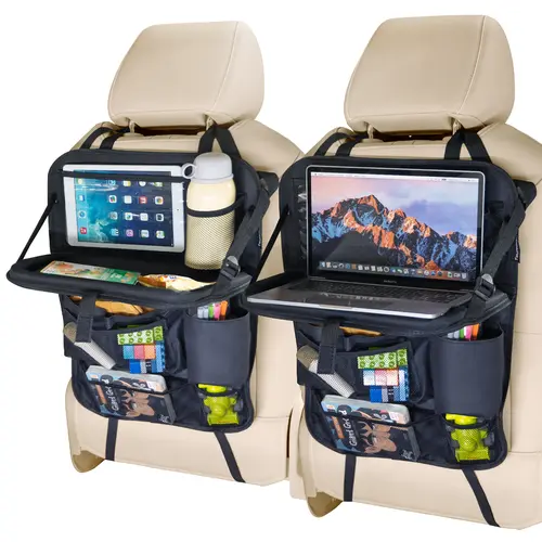 【DealsForYouDays】2-Pack Car Backseat Organizer (Dual-Organizer Pack) - High-Density Oxford Fabric Car Accessory with Foldable Table Tray, Phone Holder, Cup Holder, Multiple Storage Pockets, Seat Back Protector Kick Mats for All Vehicles Auto Accessories