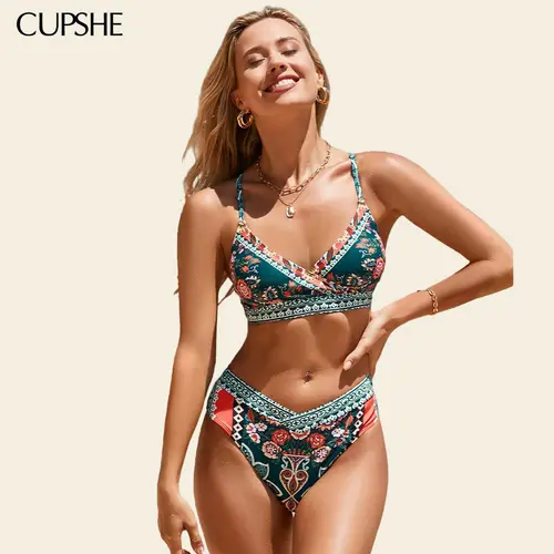 CUPSHE Women's Vintage Paisley 2-Piece Bikini Set - Adjustable Triangle Top, Overlap Cheeky Cut Bottoms, Summer Swimwear for Women #summerfinds tiktokshopbacktoschool, Vintage Bathing Suits