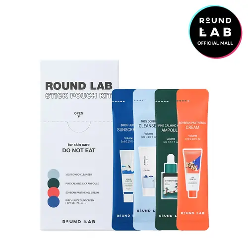 ROUND LAB Stick Pouch Kit – Gentle K-Beauty Skincare to Go |Travel-friendly | Comfort (1025 Dokdo Cleanser 3ml*3ea, Pine Calming Cica Ampoule 3ml*3ea, Soybean Panthenol Cream 3ml*3ea, Birch Juice Moisturizing Sunscreen 3ml*3ea)