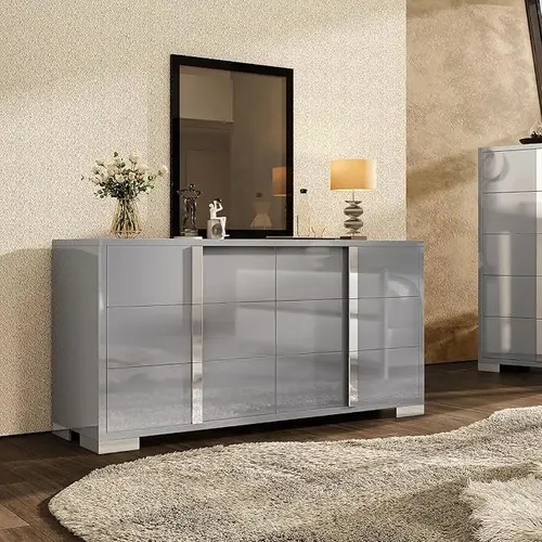 AMERLIFE High Gloss 5/6 Drawers Dressers with Silver Grooved Handles, Modern Storage Chest of Drawers with Wide Tabletop,for Bedroom/Dressing Room[tiktokshopbacktoschool][SohoChic]