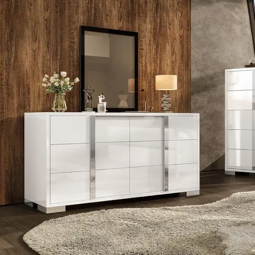 AMERLIFE 5-6 Drawers Modern Storage Dresser with Silver Grooved Handles, Easy Clean Gloss, Wide Tabletop Cabinet Bedroom Furniture, for Bedroom-Living Room, Christmas Gift Idea