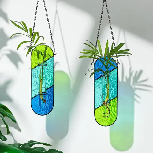 Stained Glass Plant Propagation Hanging 2 Pcs Propagation Station Planters for Window Decor - Unique Hydroponic Propagated Plant Holders for Kitchen Gifts for Mom