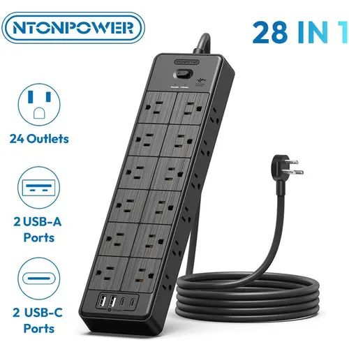 NTONPOWER 28-in-1 Power Strip Surge Protector, 24 Widely Spaced Outlets & 4 USB Ports (2 USB-C), 4000J, 15A/1875W, Flat Plug, 5Ft/10Ft/15Ft/25Ft, Wall Mount, for Home Office, Dorm & Bedroom