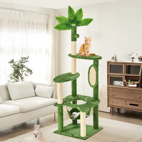 [DealsforYouDays]WeCharmer 61" Cat Tree / Tower for Indoor with Green Leaves, Cat Condo Cozy Plush House with Hang Ball , Pet House with Cat Scratching Posts