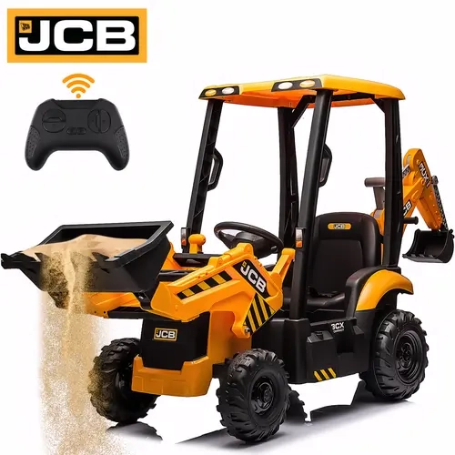 First Ride On 12V Kids Ride on Backhoe Digger Toy Cars, JCB Lisenced Battery Powered Electric Excavator with Remote Control, Ride on Excavator Truck w/Adjustable Front and Back Loader for 3-6 Kids, Black Friday& Cyber one , Best Christmas Gift for Kids