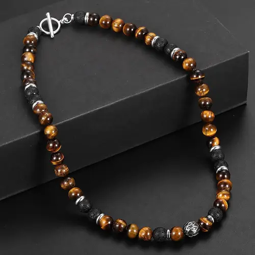 Men's 8mm Natural Tiger Eye & Lava Bead Beaded Chain Necklace - Stainless Steel Toggle Clasp, 18/20/24in, Black Onyx Accessory, Handmade, Natural Stone Pendant, Men's Jewelry, Mens Gifts, Christening/Wedding Bold Accent