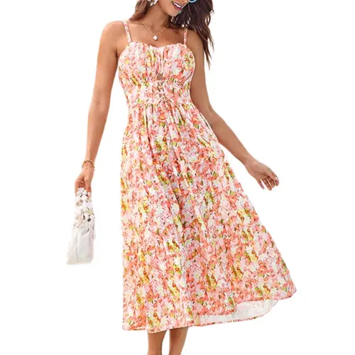 Grace Karin Women's Shirred Tropical Floral Sundress - Bohemian Spaghetti Strap Midi Dress with Waistcut Boho Hollowed-Out Waist, Pockets for Plus Size Clothes, Ideal for Birthday, Evening Occasions, Cruise Outfits For Women