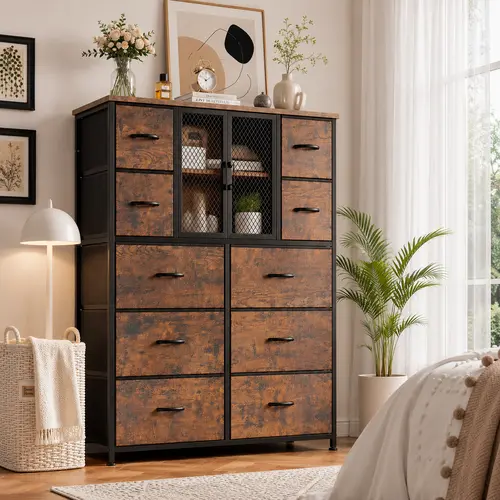 Raybee Dresser Collection Bedroom Chest of Drawers Plastic Drawer Metal Frame Wood Top Board 5 to 16 Drawers for Hallway, Dorm, Living Room, TV Stand