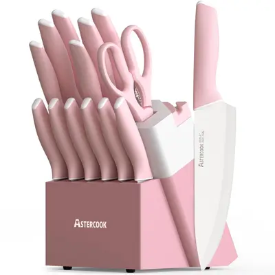 Astercook 14-Piece Professional Kitchen Knife Set – High Carbon Stainless Steel Chef, Bread, Santoku & Steak Knives with Hardwood Block, Ideal Valentine’s Day Gift Pink Wooden