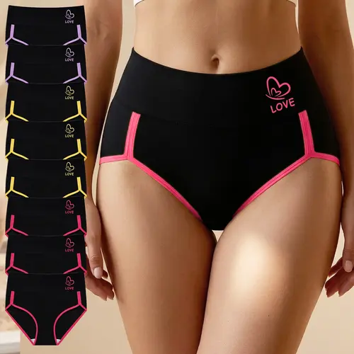 8-Pack Mei Yating Plus Size High-Waisted Brief Panties for Women, Sizes 1XL-5XL, Colorblock Contrast Binding, Soft Breathable Fabric with Love Print, Colorblock Panty