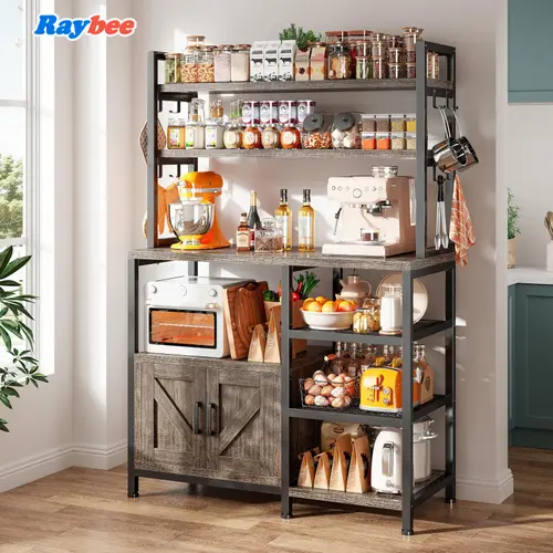 Raybee Bakers Rack,Microwave Stand with Wooden Shelves & Cabinet Storage, Kitchen Coffee Bar, Side Hooks,Utility Shelf for Kitchens,Power Outlets Metal Organiser #TikTokShopBackToSchool
