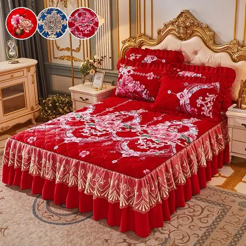 Floral Print Thickened Bedskirt Set, 3 Counts/set Including 1 Bed Skirt & 2 Pillowcase without Filler, Warm and Soft Decorative Bedding Set for Bedroom