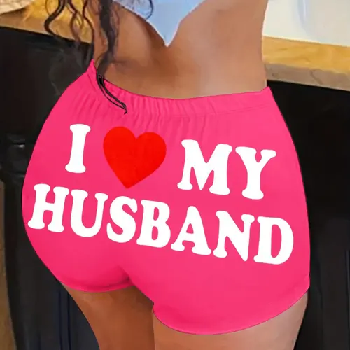 Plus Size "i Love My Husband" & Heart Print Skinny Shorts, Casual Comfy Elastic Waistband Shorts for Daily Wear, Women's Bottoms for Summer, Womenswear, Gym Shorts, Breathable Fitness Shorts, Skinny Workout Shorts