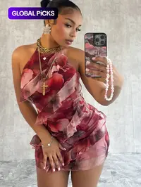 Women's Summer Strapless Belted Dress, Hip Frill Decoration, Fashionable Sexy Party Mini Dress, Sleeveless Floral Print, Slim-Fitting, Elegant Romantic Dress