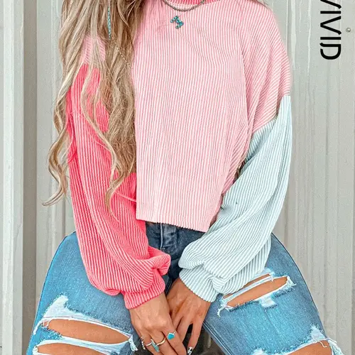 Women's Colorblock Twisted Ribbed Knit Dropped Shoulder Cropped Long Sleeve Sweatshirt Tops, Knitwear, Casual Round Neck for Fall Winter, Ladies Daily Wear